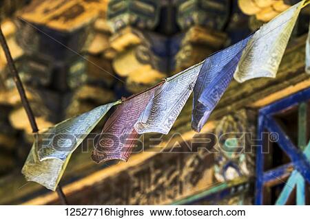 Stock Photograph - Buddhist prayer flags seen along the Shakti Sikkim village walk; Sikkim, India. Fotosearch