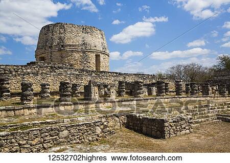 Stock Photograph - Chac Complex (foreground), Observatory (background), Mayapan Archaeological Site, Mayan Ruins; Yucatan, Mexico. Fotosearch