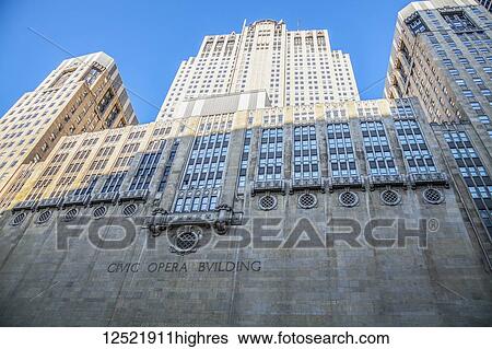 Stock Photograph - Chicago Civic Opera building as seen from the Chicago river; Chicago, Illinois, United States of America. Fotosearch