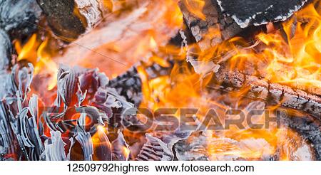 Stock Photograph - Close-up of a burning bonfire; Langley, British Columbia, Canada. Fotosearch