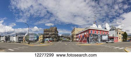 Stock Photo - Colorful buildings and shops on Main Street in downtown Whitehorse, Yukon, Canada, Summer, Panorama. Fotosearch