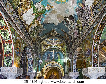 Stock Photograph - Colourful artwork in Saint Petka's Chapel located in the Belgrade Fortress; Belgrade, Vojvodina, Serbia. Fotosearch