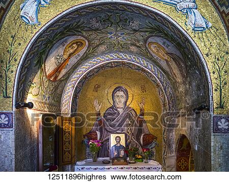 Stock Photograph - Colourful artwork in Saint Petka's Chapel located in the Belgrade Fortress; Belgrade, Vojvodina, Serbia. Fotosearch