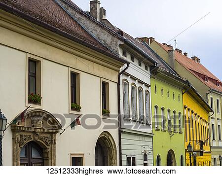Colourful building facades in Buda's castle district, Budapest, Hungary View Large Photo Image Stock Photograph - Colourful building facades in Buda's castle district, Budapest, Hungary. Fotosearch