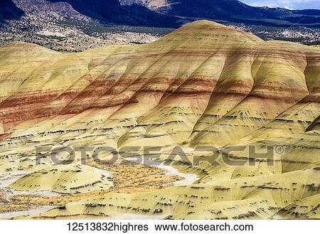 Colourful layers of minerals are exposed at John Day Fossil Beds National Monument; Mitchell, Oregon, United States of America View Large Photo Image Stock Photograph - Colourful layers of minerals are exposed at John Day Fossil Beds National Monument; Mitchell, Oregon, United States of America. Fotosearch