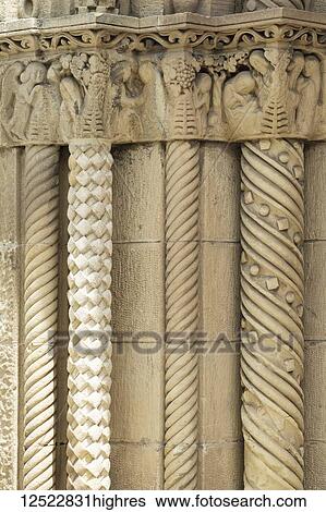 Stock Photograph - Decorative stonework on entrance to Iglesia or Parroquia de la Santisima Trinidad; Algorta, Getxo, Vizcaya, Pais Vasco, Spain. Fotosearch