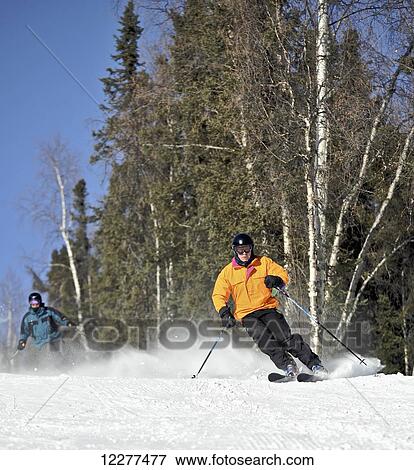 Downhill skiers at Mt. Aurora Skiland near Cleary Summit north of Fairbanks, Alaska View Large Photo Image Stock Photo - Downhill skiers at Mt. Aurora Skiland near Cleary Summit north of Fairbanks, Alaska. Fotosearch