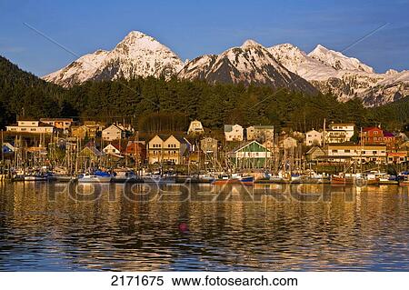 Stock Photography - Downtown Sitka And And Small Boat Harbor With Arrowhead Peak In The Background, Southeast, Alaska. Fotosearch