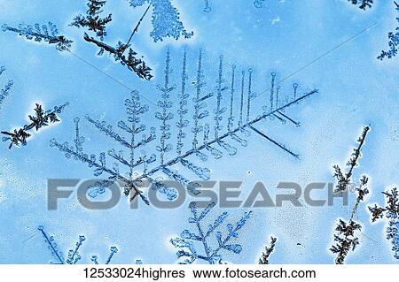 Stock Photograph - Extreme close-up of frost crystals patterns on glass; Calgary, Alberta, Canada. Fotosearch