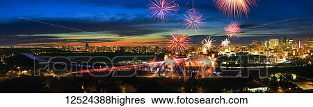Stock Photograph - Fireworks in the Edmonton River Valley; Edmonton, Alberta, Canada. Fotosearch