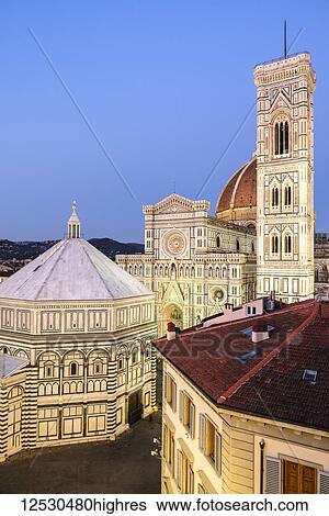 Stock Photograph - Florence Cathedral, Giotto's Campanile, Baptistry of St. John, Brunelleschi's Dome; Florence, Tuscany, Italy. Fotosearch