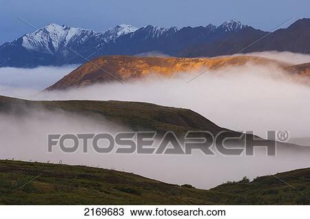 Fog Settles Between Mountain Ridges At Sunrise In Sable Pass, Denali National Park, Alaska. View Large Photo Image Stock Image - Fog Settles Between Mountain Ridges At Sunrise In Sable Pass, Denali National Park, Alaska.. Fotosearch