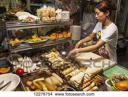 Picture - Food vendor at the Linjiang Street Night Market; Taipei, Taiwan. Fotosearch