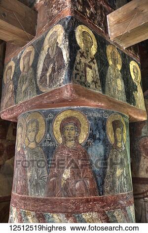 Stock Photograph - Fresco paintings, Cathedral of the Nativity of the Virgin, Zverin Monastery; Veliky Novogrod, Novgorod Oblast, Russia. Fotosearch