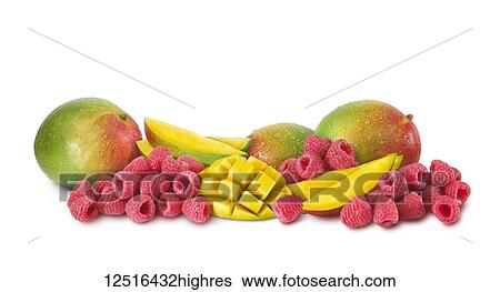 Stock Photograph - Fresh raspberries and mangoes on a white background. Fotosearch
