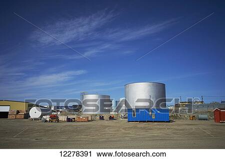 Stock Image - Fuel tanks; Cambridge Bay, Victoria Island, Nunavut, Canada. Fotosearch