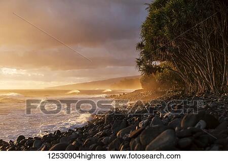 Stock Photograph - Hamakua coastline at sunrise, Lapahoehoe Nui Valley; Island of Hawaii, Hawaii, United States of America. Fotosearch