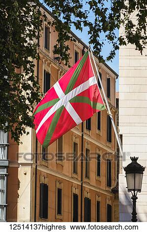 Stock Photograph - Headquarters and flag of the Basque Nationalist Party; Bilbao, Vizcaya, Pais Vasco, Spain. Fotosearch