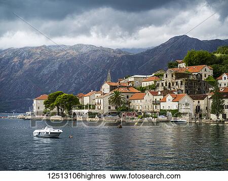 Houses and boats along the Bay of Kotor; Perast, Kotor, Monte View Large Photo Image Stock Photograph - Houses and boats along the Bay of Kotor; Perast, Kotor, Monte. Fotosearch