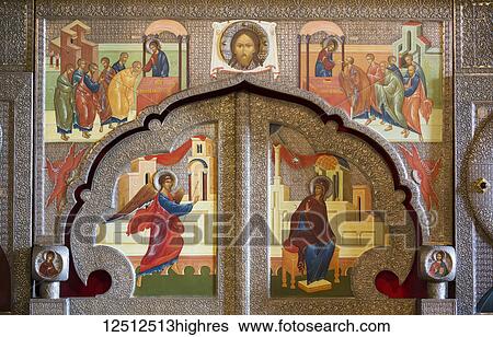 Stock Photograph - Interior fresco painting in St. Sophia Cathedral; Veliky Novgorod, Novgorod Oblast, Russia. Fotosearch