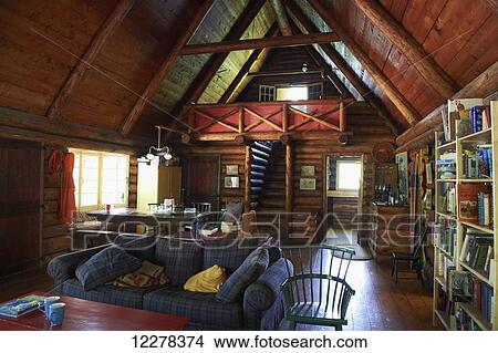 Interior Of Round Log Cabin Lac Des Neiges Quebec Canada