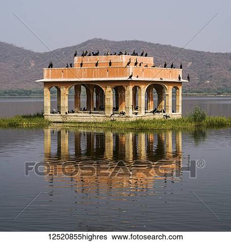 Stock Photograph - Jal Mahal Palace submerged in Man Sugar Lake with birds perched on it; Jaipur, Rajasthan, India. Fotosearch