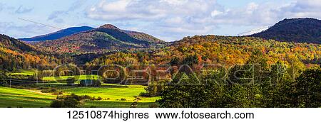 Stock Photograph - Landscape of forests on the hills with autumn coloured foliage; Iron Hill, Quebec, Canada. Fotosearch