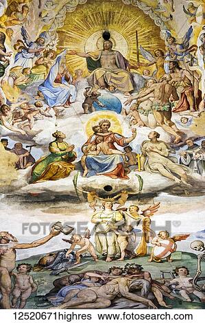 Stock Photograph - Large, colourful fresco called 'The Last Judgement' with Christ painted under the dome in the Florence Cathedral; Florence, Tuscany, Italy. Fotosearch