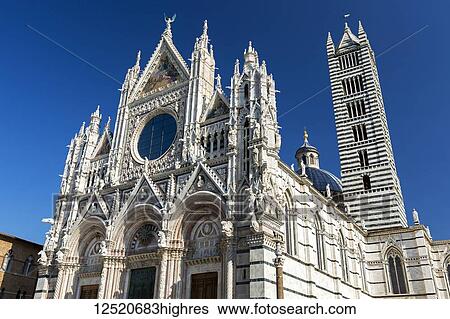 Large decorative cathedral with striped tower and blue sky; Siena, Tuscany, Italy View Large Photo Image Stock Photograph - Large decorative cathedral with striped tower and blue sky; Siena, Tuscany, Italy. Fotosearch