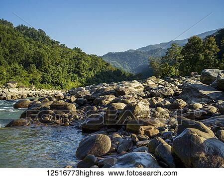 Large rocks along the shore of a river flowing in the Himalayas with lush forest and blue sky; West Bengal, India View Large Photo Image Stock Photograph - Large rocks along the shore of a river flowing in the Himalayas with lush forest and blue sky; West Bengal, India. Fotosearch