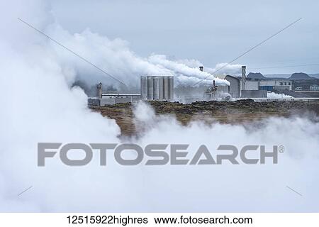 Stock Photograph - Looking across steamy, lunar landscape towards Reykjanes Power Plant; Iceland. Fotosearch