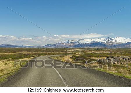 Stock Photograph - Looking along road from the Snaefellsnes peninsula to Borgarnes; Iceland. Fotosearch