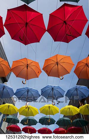 Low angle view of umbrellas hanging in rows between buildings against a blue sky; England View Large Photo Image Stock Photograph - Low angle view of umbrellas hanging in rows between buildings against a blue sky; England. Fotosearch