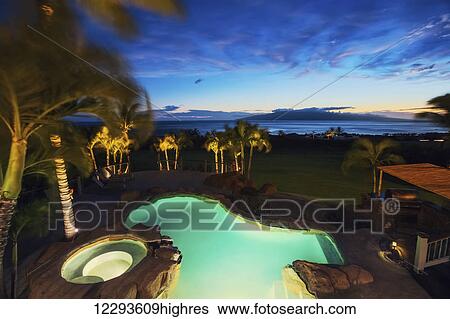 Luxury Home With Swimming Pool At Sunset View Large Photo Image Stock Photograph - Luxury Home With Swimming Pool At Sunset. Fotosearch
