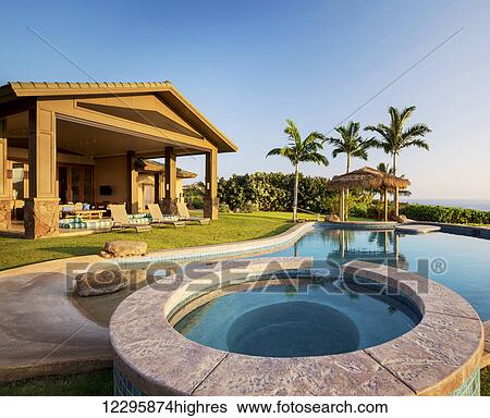 Luxury Home With Swimming Pool At Sunset View Large Photo Image Stock Photograph - Luxury Home With Swimming Pool At Sunset. Fotosearch