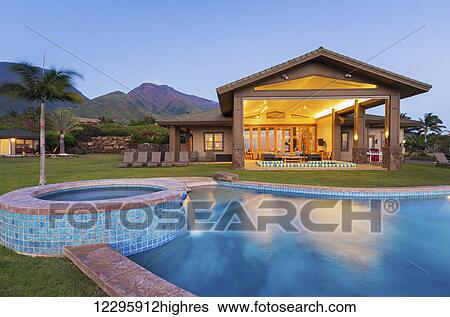 Luxury Home With Swimming Pool At Sunset View Large Photo Image Stock Photograph - Luxury Home With Swimming Pool At Sunset. Fotosearch