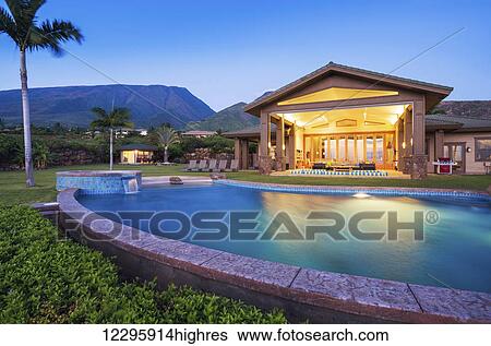 Luxury Home With Swimming Pool At Sunset View Large Photo Image Stock Photograph - Luxury Home With Swimming Pool At Sunset. Fotosearch