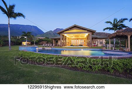 Luxury Home With Swimming Pool At Sunset View Large Photo Image Stock Photograph - Luxury Home With Swimming Pool At Sunset. Fotosearch