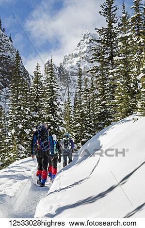 Stock Photograph - Male and two female snowshoers along a snow-covered trail with snow-covered mountain cliff in the background, Banff National Park; Lake Louise, Alberta, Canada. Fotosearch