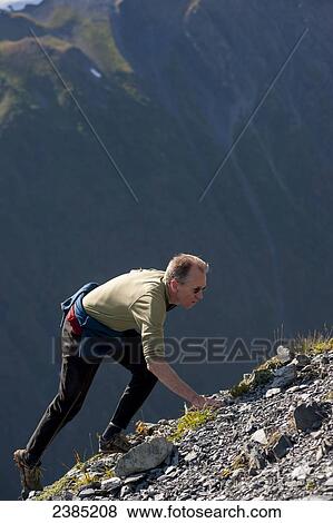 Stock Photo - Man hiking the steep shale cliffs above treeline on the Mount Marathon trail, Seward, Seward, Summer, Southcentral Alaska. Fotosearch