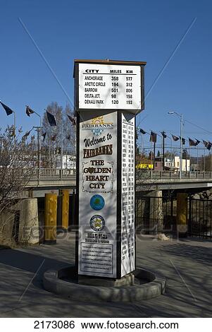 Stock Photograph - Mileage Marker At The Golden Heart Plaza In Fairbanks, Alaska. Fotosearch