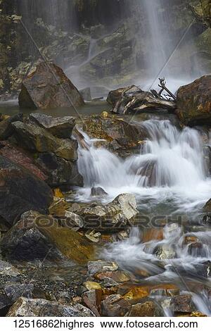 Stock Photograph - Motion blur of a waterfall splashing into a pool and cascading over rocks; Alaska, United States of America. Fotosearch
