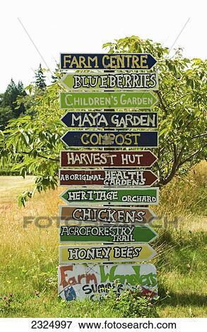 Multi-coloured directional signs pointing to points of interest on a UBC working farm; Vancouver, British Columbia, Canada View Large Photo Image Stock Photo - Multi-coloured directional signs pointing to points of interest on a UBC working farm; Vancouver, British Columbia, Canada. Fotosearch