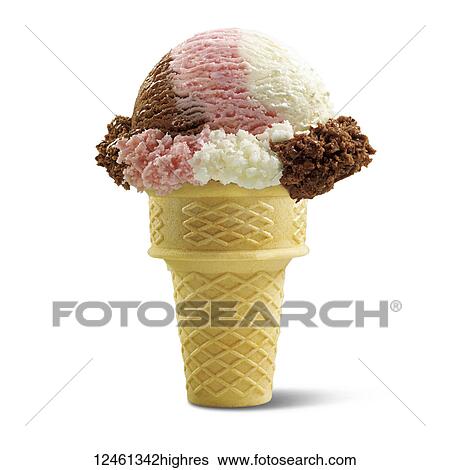 Stock Photograph - Neapolitan ice cream cone on a white background. Fotosearch