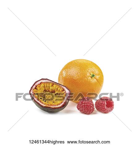 Orange, passionfruit and raspberries on a white background View Large Photo Image Stock Photograph - Orange, passionfruit and raspberries on a white background. Fotosearch