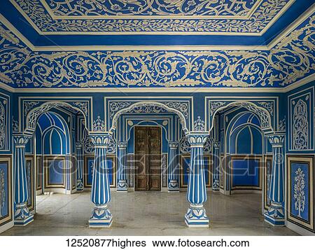 Stock Photograph - Ornate designs on the walls and pillars in blue and white, City Palace, Maharaja Sawai Mansingh II Museum, Mubarak Mahal; Jaipur, Rajasthan, India. Fotosearch