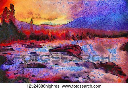 Stock Photograph - Paint effect on the Athabasca Falls, Jasper National Park, Alberta, Canada. Fotosearch