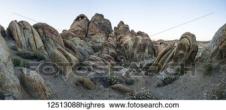 Stock Photograph - Panoramic of the Alabama Hills after sunset; California, United States of America. Fotosearch