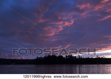 Pink clouds glowing over a tranquil lake and silhouetted trees at sunset; Lake of the Woods, Ontario, Canada View Large Photo Image Stock Photograph - Pink clouds glowing over a tranquil lake and silhouetted trees at sunset; Lake of the Woods, Ontario, Canada. Fotosearch