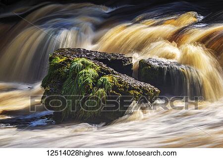 Stock Photograph - Rocks in Aysgarth Falls, a triple flight of waterfalls of the River Ure in the Yorkshire Dales of England, near the village of Aysgarth; North Yorkshire, England. Fotosearch